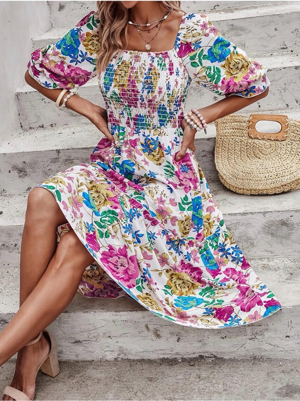 Floral Smocked Puff Sleeve Midi Dress - White with Pink, Yellow & Blue